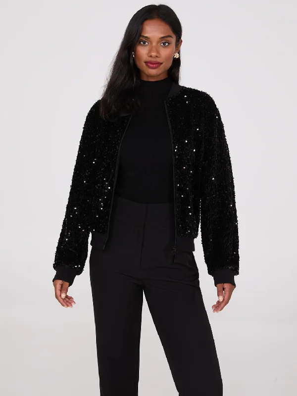 Sequin Velvet Bomber Jacket Notch Collar Jacket Peter Pan Collar Jacket Cowl Neck Jacket