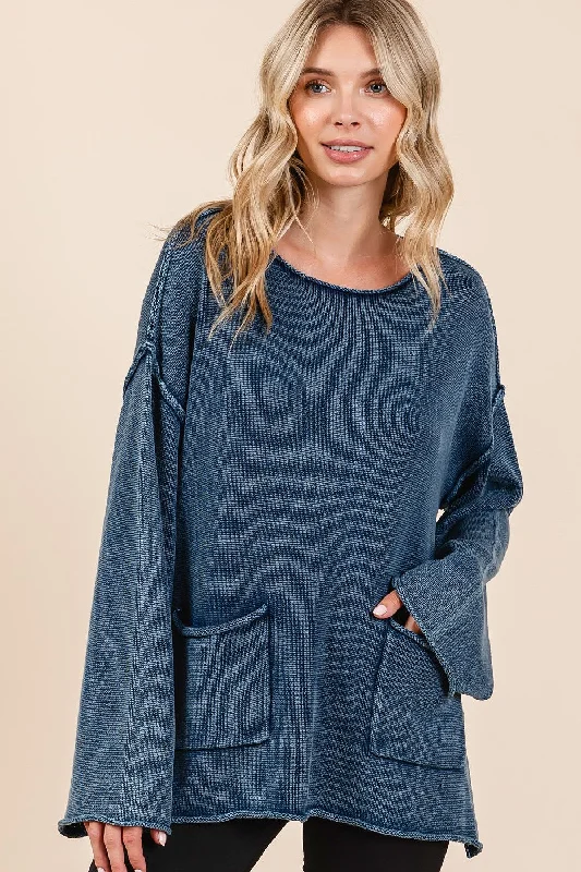 Hazel Blues® |  Mittoshop Mineral Wash Patch Pocket Cut Edge Sweater Handmade Hand-knitted Hand-woven