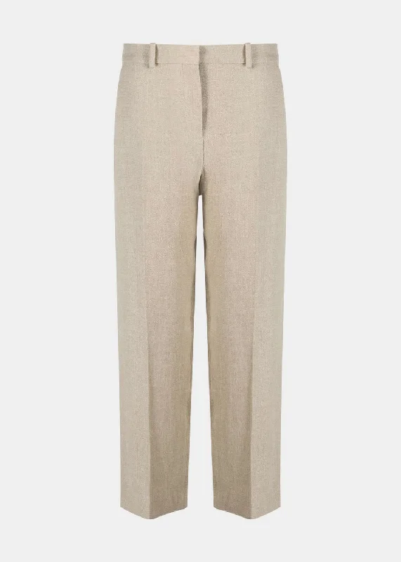 Beige Mid-Waist Straight Trousers Cropped Trousers Casual Linen