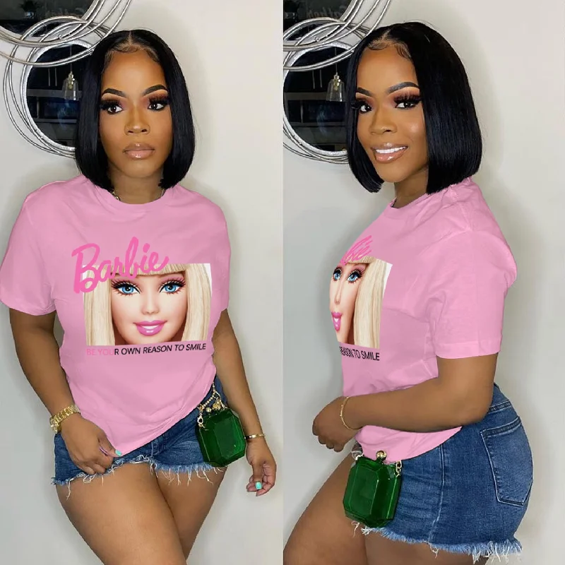 Barbie Printed Straight Pullover round Neck Short Sleeve T-shirt (CL11858) Puff Sleeve Stylish Barbie Printed Straight Pullover round Neck Short Sleeve T-shirt (CL11858) Puff Sleeve Stylish