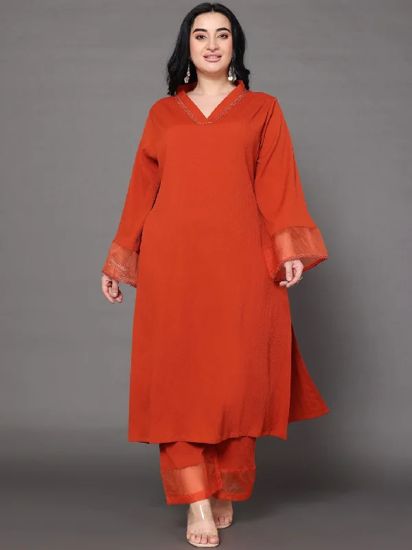 Sztori Plus Size V Neck Regular Silk Crepe Straight Kurta with Trousers Trousers Palazzo Wide Leg
