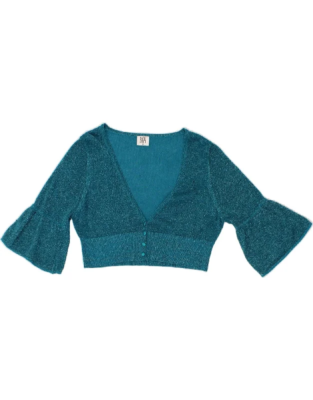 BAY Womens 1/2 Sleeve Crop Cardigan Top UK 16 Large Blue Viscose Mesh Blend Leather Blend Suede Blend