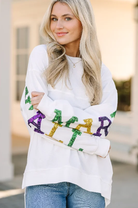 Mardi Gras Y'all White Varsity Pullover Saggy Sleeve Comfort