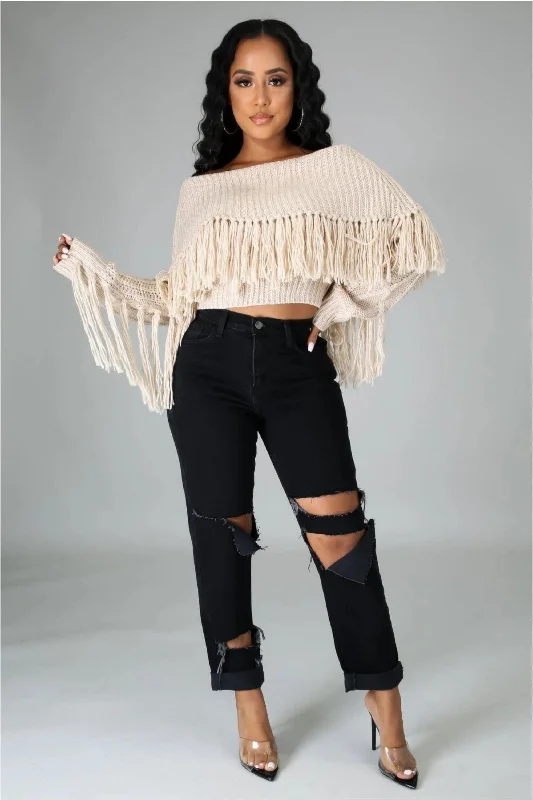 Almond Fringe Sweater Top Real Fur Shearling Chenille