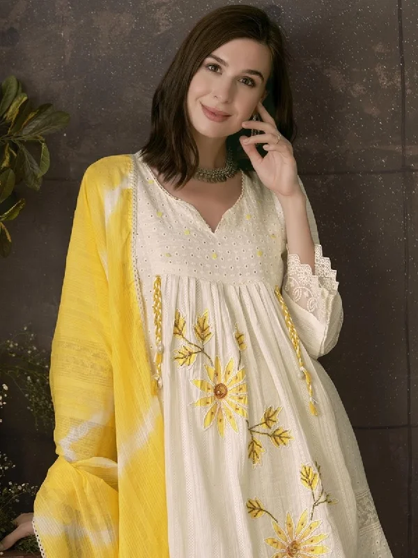 Anouk Embroidered Pleated Chikankari Pure Cotton A-Line Kurta With Trousers & Dupatta Trousers Fall Fleece Anouk Embroidered Pleated Chikankari Pure Cotton A-Line Kurta With Trousers & Dupatta Trousers Fall Fleece