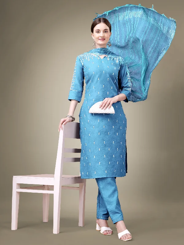 Women's Sky Blue Cotton Blend Embroidery & Sequence Work Kurta With Trouser & Dupatta - Jyoti Fashion Trousers Handmade Artisanal