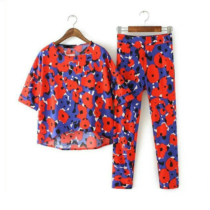 Fashion Summer Pant Set Women Suit Two-piece Suits Female Trouser Sets Chiffon Red Twin 2 Piece Elegant Floral Tracksuit Trousers Bestseller Popular