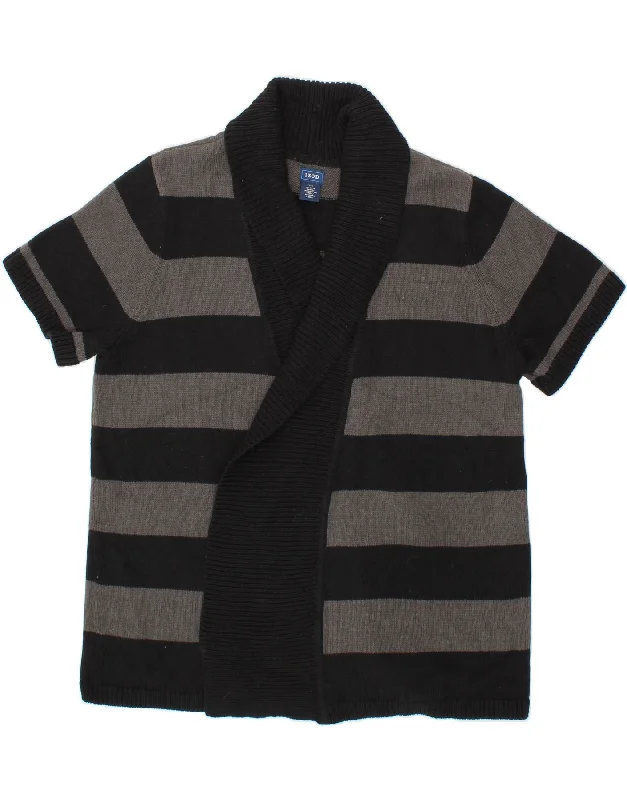 IZOD Womens Short Sleeve Open Cardigan Sweater UK 16 Large Black Striped Velvet Chenille Corduroy