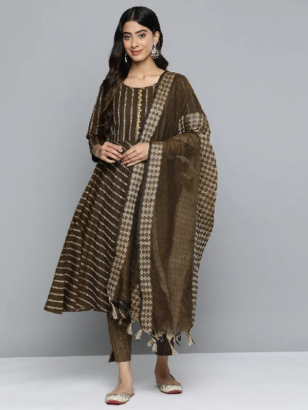 Women Brown Embroidered Regular Kurta With Trousers & With Dupatta - Rasiya High Waist Slim Fit Ankle Length