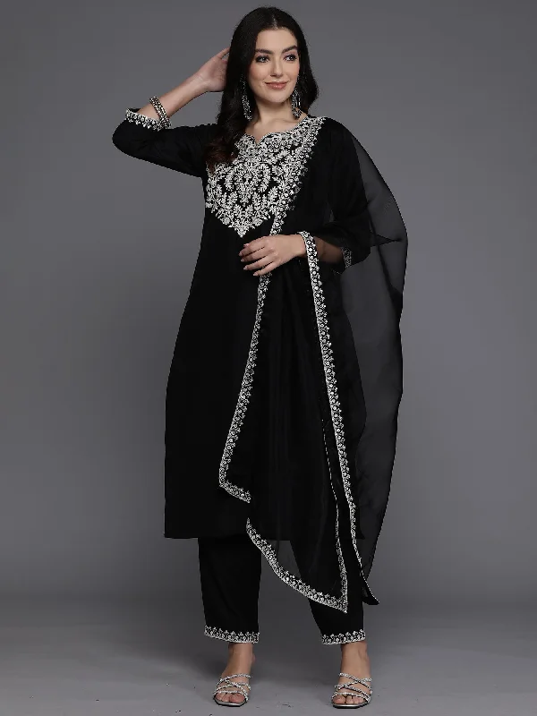 Women's Black Embroidered Straight Kurta Trousers With Dupatta Set - Indo Era Trousers Hiking Durable