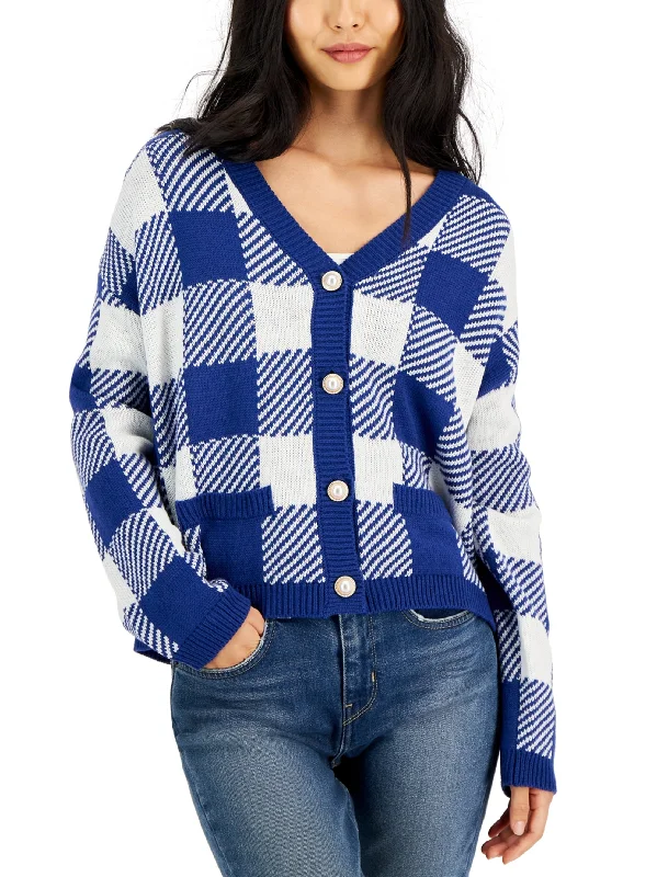 Women's Plaid Cardigan,Blue/White Toggled Drawstring Belted