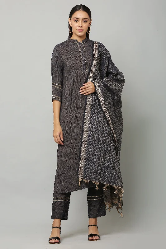 Women's Grey Color Rayon Blend Straight Printed Kurta Trouser With Dupatta - Vaaba Trousers Travel Practical