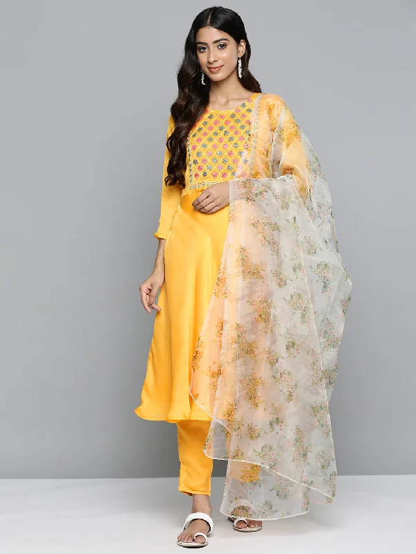 Floral Embroidered Mirror Work Silk Georgette Kurta With Trousers & Dupatta Yellow - Rasiya Wide Leg Loose Fit Mid Waist