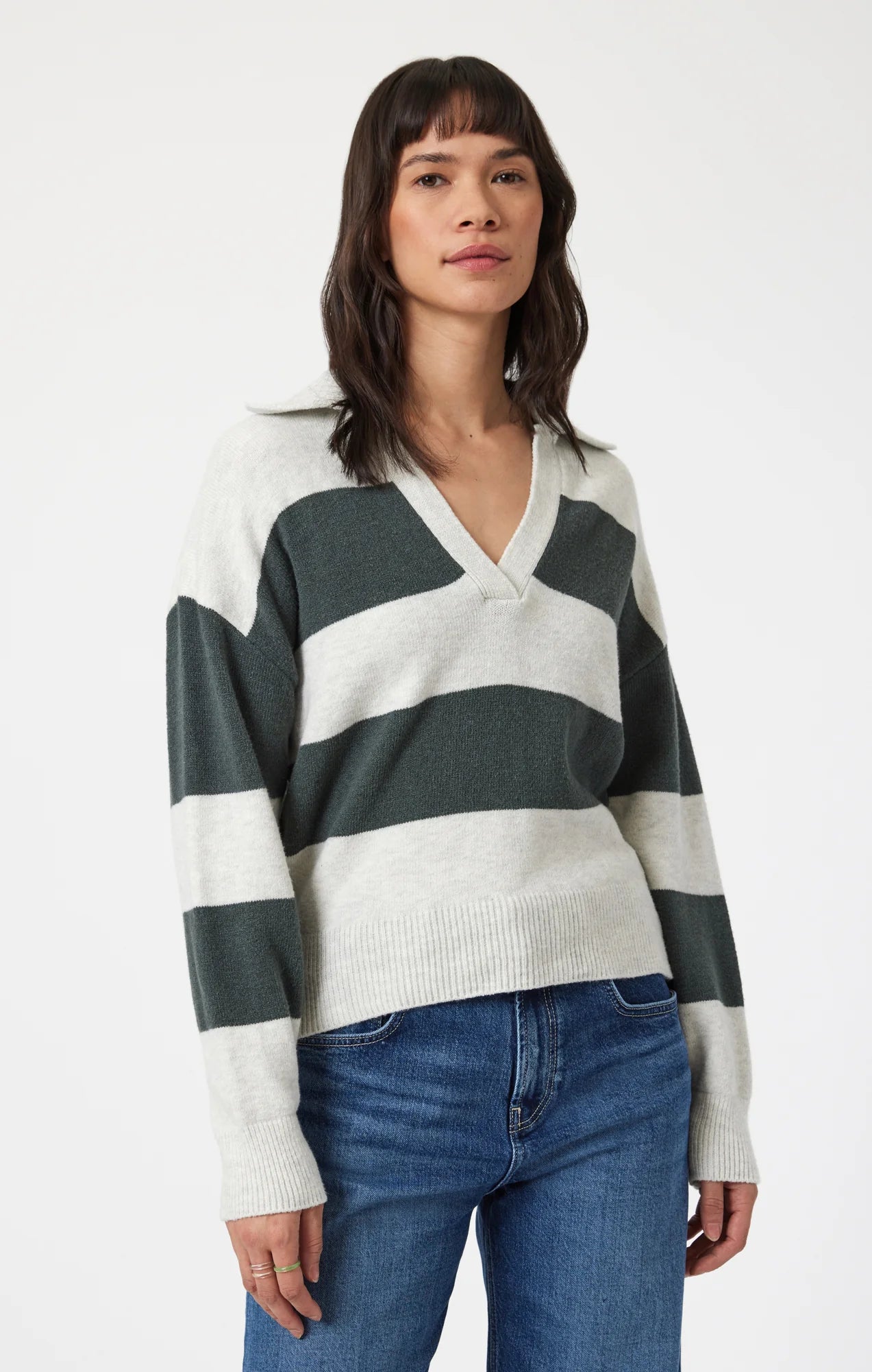 V-Neck Sweater Urban Chic Stripe Zippered Front Buttoned Front Snap Front