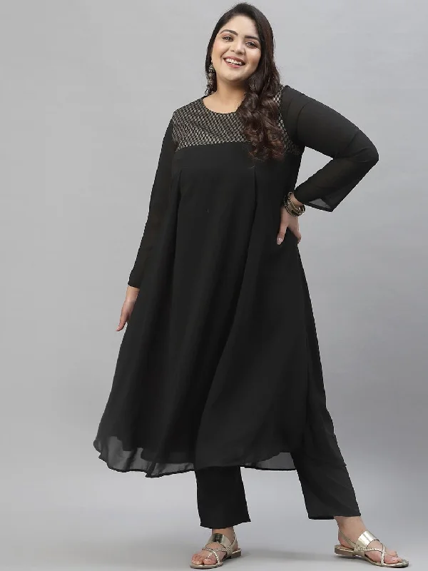 Sztori Plus Size Ethnic Motif Foil Printed Straight Georgette Kurta with Trousers Trousers stylish modern