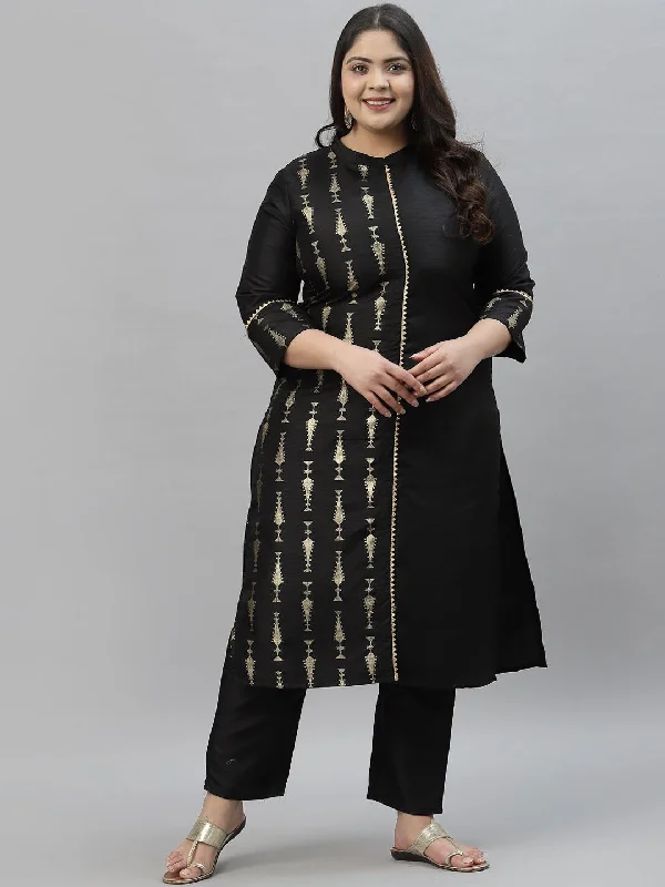 Sztori Plus Size Ethnic Motifs Printed Mandarin Collar Straight Kurta with Trousers Trousers Timeless Classic