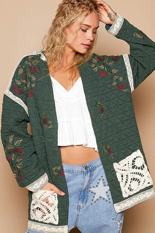 Hazel Blues® | POL Embroidered Open Front Quilted Jacket with Crochet Pockets Trench Coat Raincoat Waterproof Jacket Hazel Blues® | POL Embroidered Open Front Quilted Jacket with Crochet Pockets Trench Coat Raincoat Waterproof Jacket