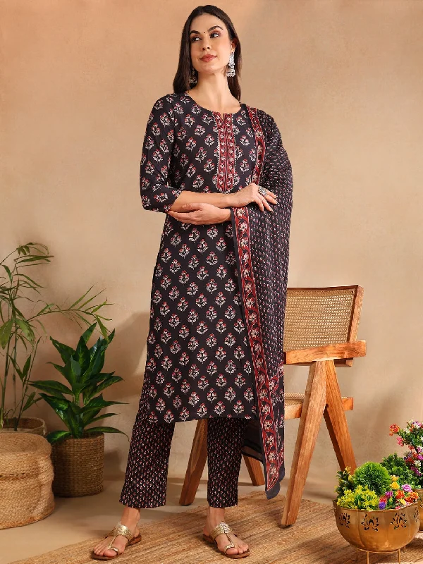 Women's Black Rayon Blend Floral Printed Straight Kurta Trouser With Dupatta - Ahika Trousers New Arrival