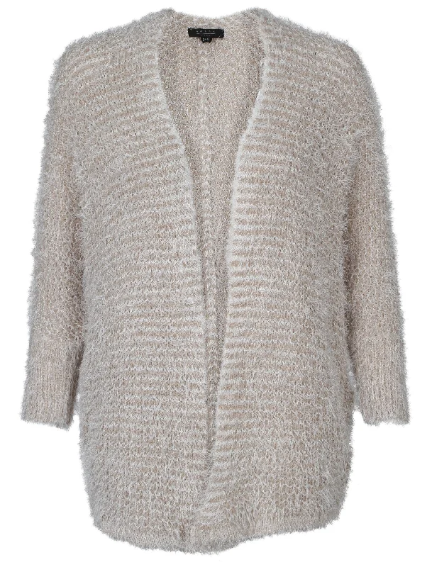 Womens Striped Loose Fit Cardigan in Smoke Beige Welt Pockets Slit Pockets Flap Pockets Womens Striped Loose Fit Cardigan in Smoke Beige Welt Pockets Slit Pockets Flap Pockets