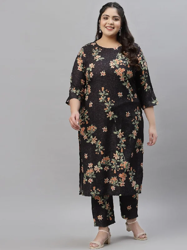 Sztori Plus Size Black Floral Printed Round Neck Straight Kurta with Trousers Trousers sophisticated sleek