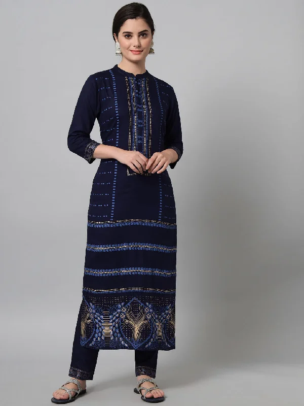 Women's Navy Blue Printed Kurta Trouser Set  - Tulsattva Trousers Designer Luxury