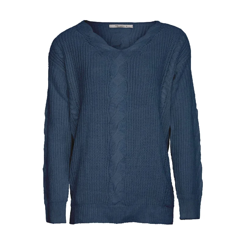 Cable Vee Neck Sweater - Navy Chenille Brocade Lace