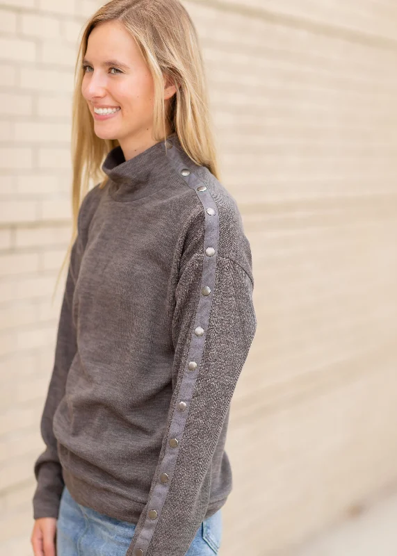 Charcoal Mock Neck Pullover With Side Button Detail - FINAL SALE Tapered Sleeve Pullover Charcoal Mock Neck Pullover With Side Button Detail - FINAL SALE Tapered Sleeve Pullover