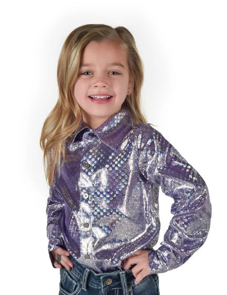 Girls Pullover Button Up (Purple Iridescent Foil Stretch Jersey) Open Neck Pullover