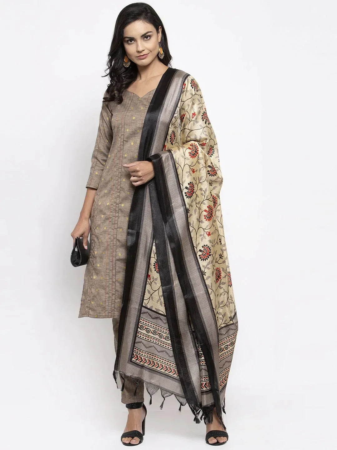 Women Grey Striped Kurta With Trousers & Beige-Red Printed Dupatta - Rasiya Trousers Plaid Checkered