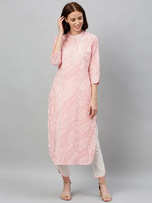 Women's Peach-Coloured & White Printed Kurta With Trousers - Kipek Trousers sophisticated sleek