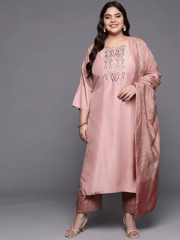 Sztori Plus Size Geometric Yoke Design Straight Kurta & Trousers With Dupatta Trousers versatile all-occasion