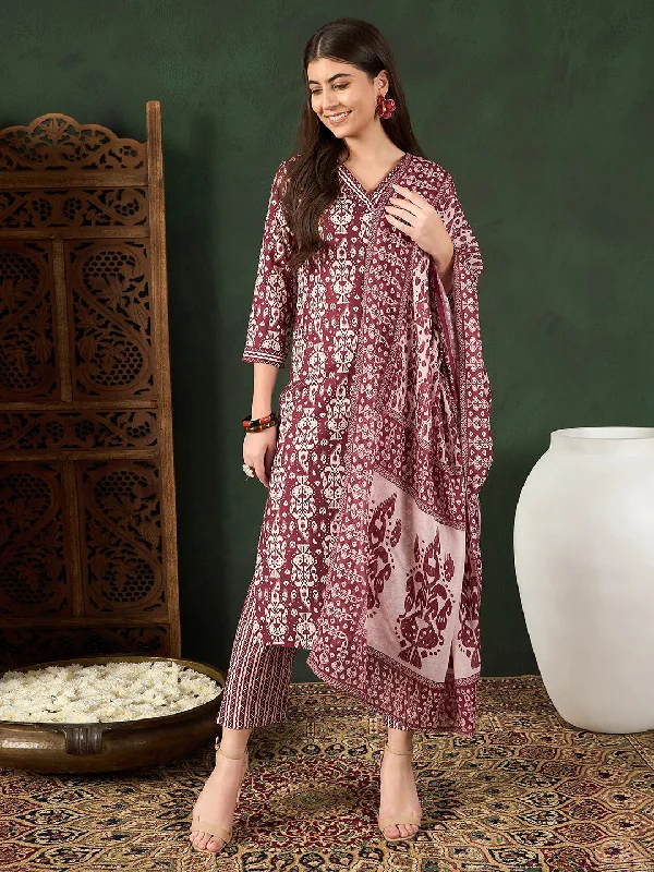 Women's Maroon Rayon Blend Ethnic Motifs Printed Straight Kurta Trouser With Dupatta - Ahika Trousers sophisticated sleek