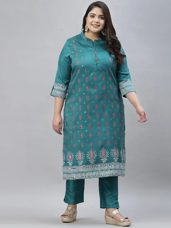 Sztori Plus Size Floral Foil Printed Straight Kurta With Trouser Trousers fashionable chic
