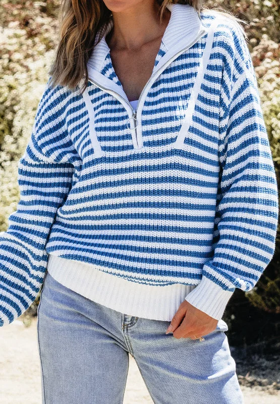 Hazel Blues® |  Striped Half Zip Mock Neck Long Sleeve Sweater Lace Blend Ribbed Blend Corduroy Blend