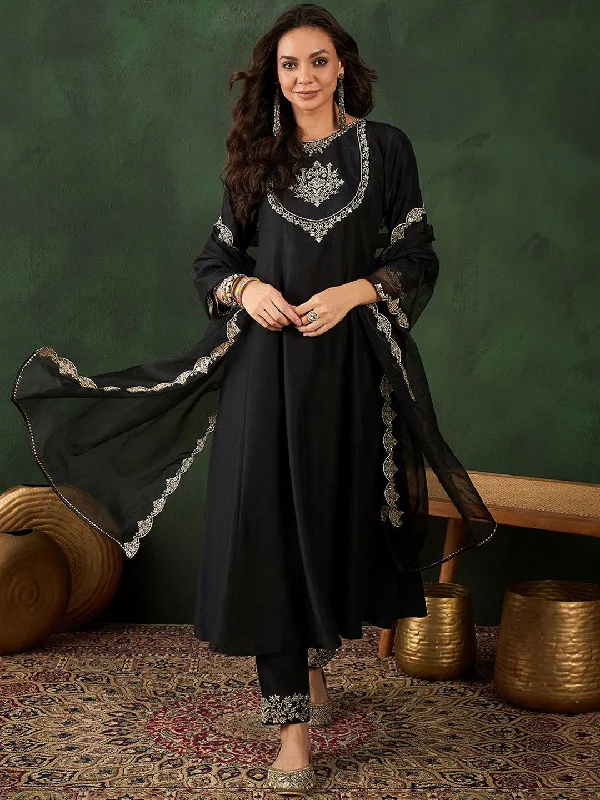 Sangria Black Floral Embroidered Round Neck Zari A-Line Kurta With Trouser & Dupatta Trousers Chinos Classic Sangria Black Floral Embroidered Round Neck Zari A-Line Kurta With Trouser & Dupatta Trousers Chinos Classic