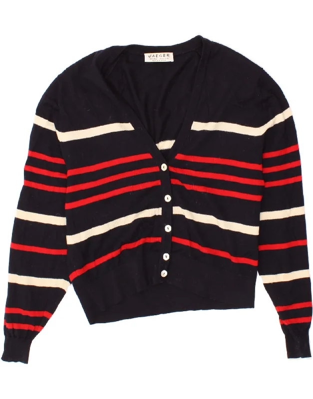 JAEGER Womens Cardigan Sweater UK 14 Medium Navy Blue Striped Wool Patchwork Embroidered Appliqued JAEGER Womens Cardigan Sweater UK 14 Medium Navy Blue Striped Wool Patchwork Embroidered Appliqued