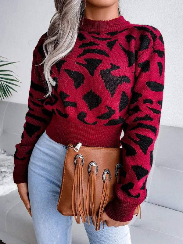 Hazel Blues® |  Leopard Round Neck Dropped Shoulder Sweater Elegant Classic Vintage