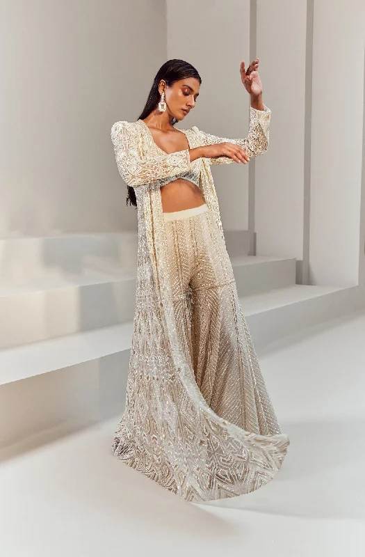 Asya Ivory Lehenga Set With Long Jacket And Heavy Chevron Sharara Nylon Fabric Polyester Fabric Spandex Fabric Asya Ivory Lehenga Set With Long Jacket And Heavy Chevron Sharara Nylon Fabric Polyester Fabric Spandex Fabric