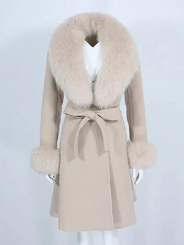 Winter Women Cashmere Wool Blend Coat Long Jacket Belted Natural Fox Fur Collar Cuffs Streetwear Tiered Jacket Buttoned Jacket Zippered Jacket