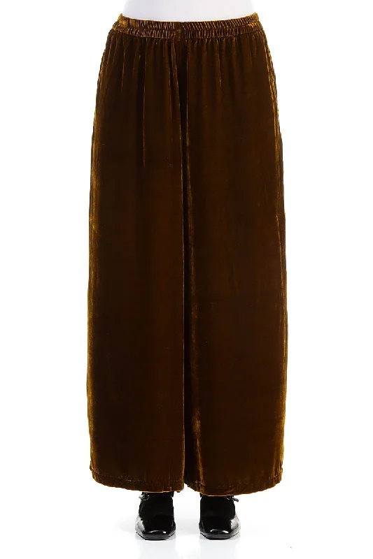 Wide Loose Golden Olive Silk Velvet Trousers Trousers Cargo pockets