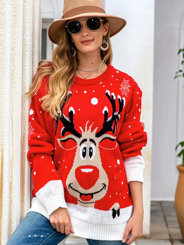 Women Reindeer Pattern Knit Holiday Sweater Stretchy Elastic Breathable