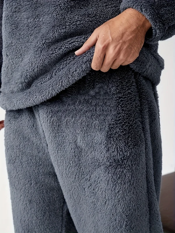 Men's Simple Style Casual Pajamas Sets Warm Flannel Lounge Wear, Long Sleeve Crew Neck Pullover Top & Loose Pants Home Pajamas Sets, Outdoor Sets For Autumn Winter Flare Sleeve Stylish Men's Simple Style Casual Pajamas Sets Warm Flannel Lounge Wear, Long Sleeve Crew Neck Pullover Top & Loose Pants Home Pajamas Sets, Outdoor Sets For Autumn Winter Flare Sleeve Stylish