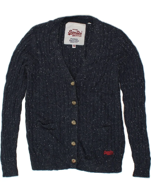 SUPERDRY Womens Cardigan Sweater UK 10 Small Navy Blue Flecked Cotton Elasticated Padded Insulated
