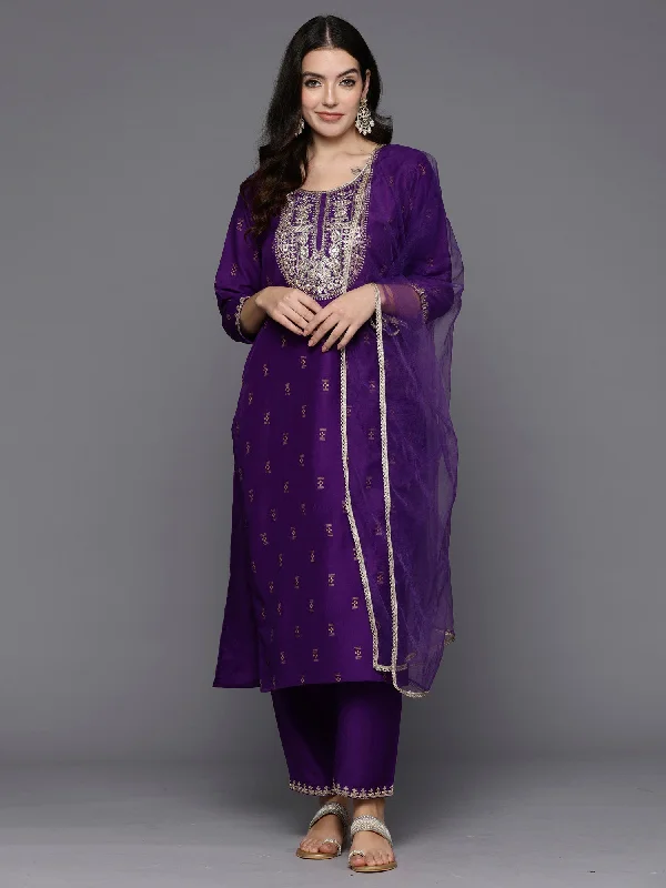 Women's Purple Embroidered Straight Kurta Trousers With Dupatta Set - Indo Era Trousers Party Sparkling