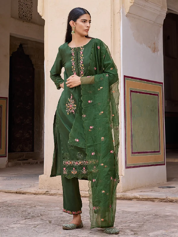 Women's Green Silk Blend Solid Embroidered Straight Kurta Trouser With Dupatta - Ahika Trousers Leisure Comfortable