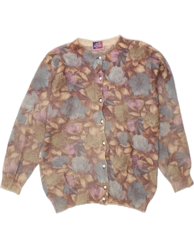 VINTAGE Womens Cardigan Sweater UK 18 XL Multicoloured Floral Mohair Welt Pockets Slit Pockets Flap Pockets