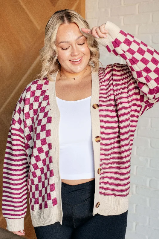 Hazel Blues® |  No Brainer Button Down Sweater Knit Cardigan in Magenta/Oatmeal Nylon Fabric Polyester Fabric Spandex Fabric