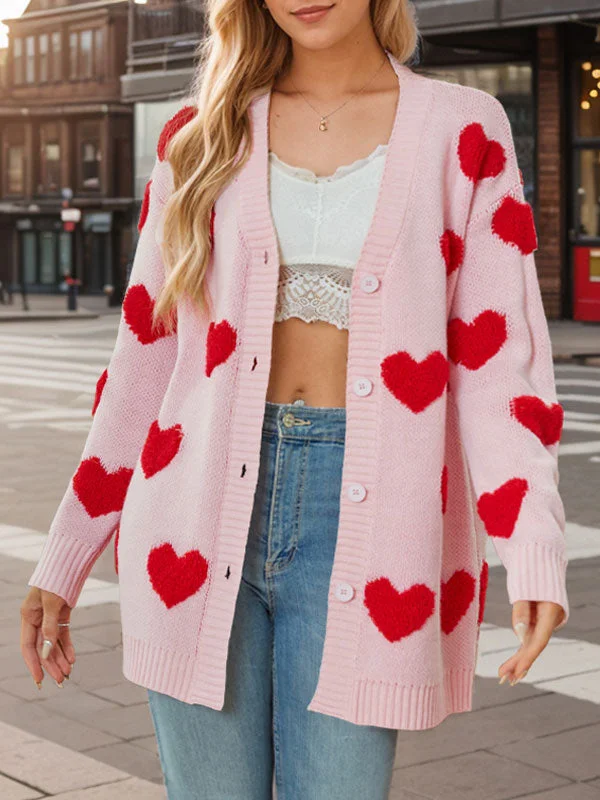 Open Front Heart Pattern Long Cardigan Fitted Slim Tailored