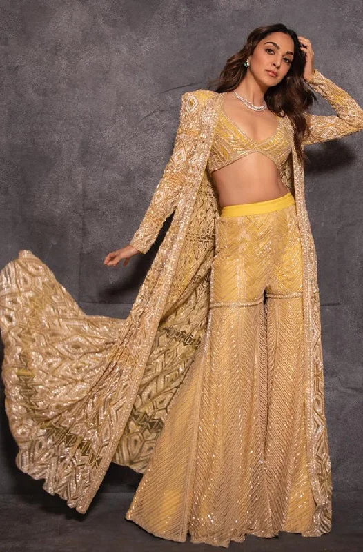 Anfisa Yellow Sharara Set With Long Jacket And Heavy Chevron Sharara Cotton Fabric Linen Fabric Terry Fabric Anfisa Yellow Sharara Set With Long Jacket And Heavy Chevron Sharara Cotton Fabric Linen Fabric Terry Fabric
