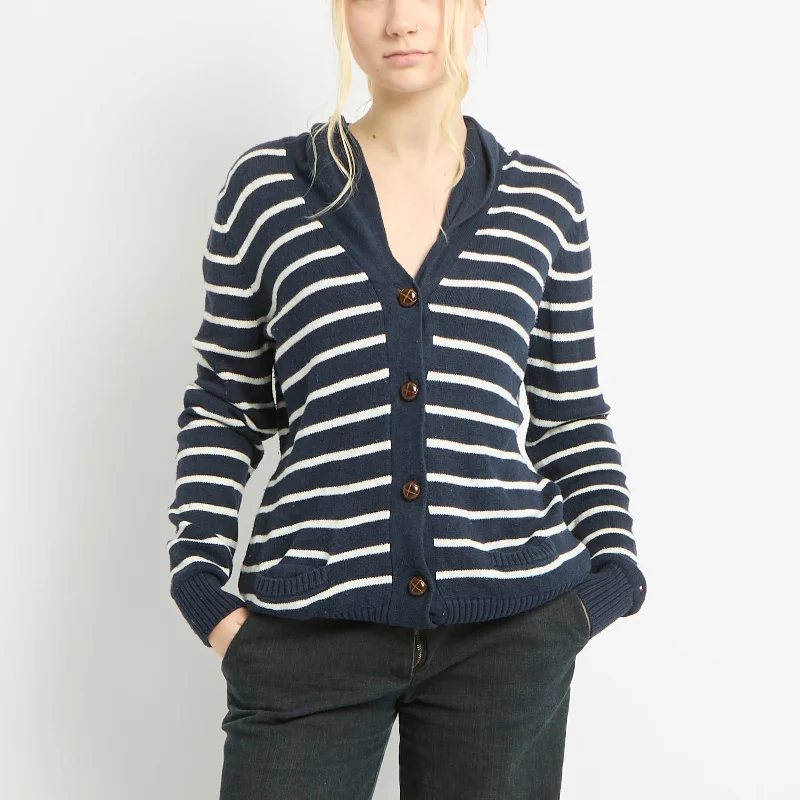 Tommy Hilfiger Striped Cardigan With Leather Buttons - UK 12 Denim Fabric Leather Fabric Suede Fabric